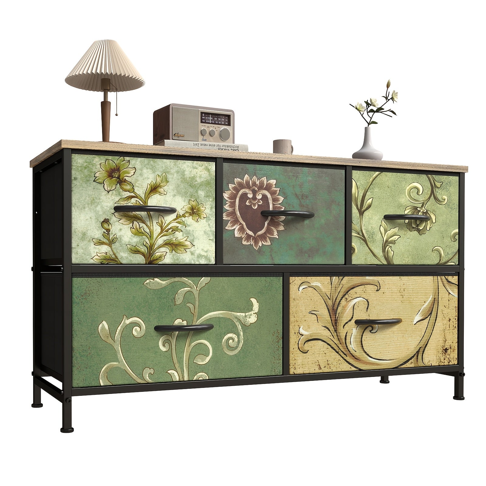 Medieval Modern Storage Cabinet with 5\u002F7\u002F8\u002F9-Drawer Options - Heavy-Duty Steel Frame & Non-Deformable Drawers, Vintage Floral Texture, Freestanding \u002FParticle Board Furniture Suitable for Home, Office, Bedroom, - Assembly Required