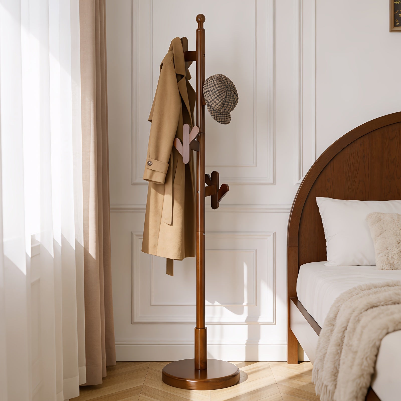 Heavy-Duty Solid Rubberwood Coat Rack Freestanding with Antler Hooks - Tall Hall Tree Suitable for Entryway, Bedroom, Apartment - Walnut Wood Hanger for Coats, Hats, Bags - Assembly, Sturdy Base