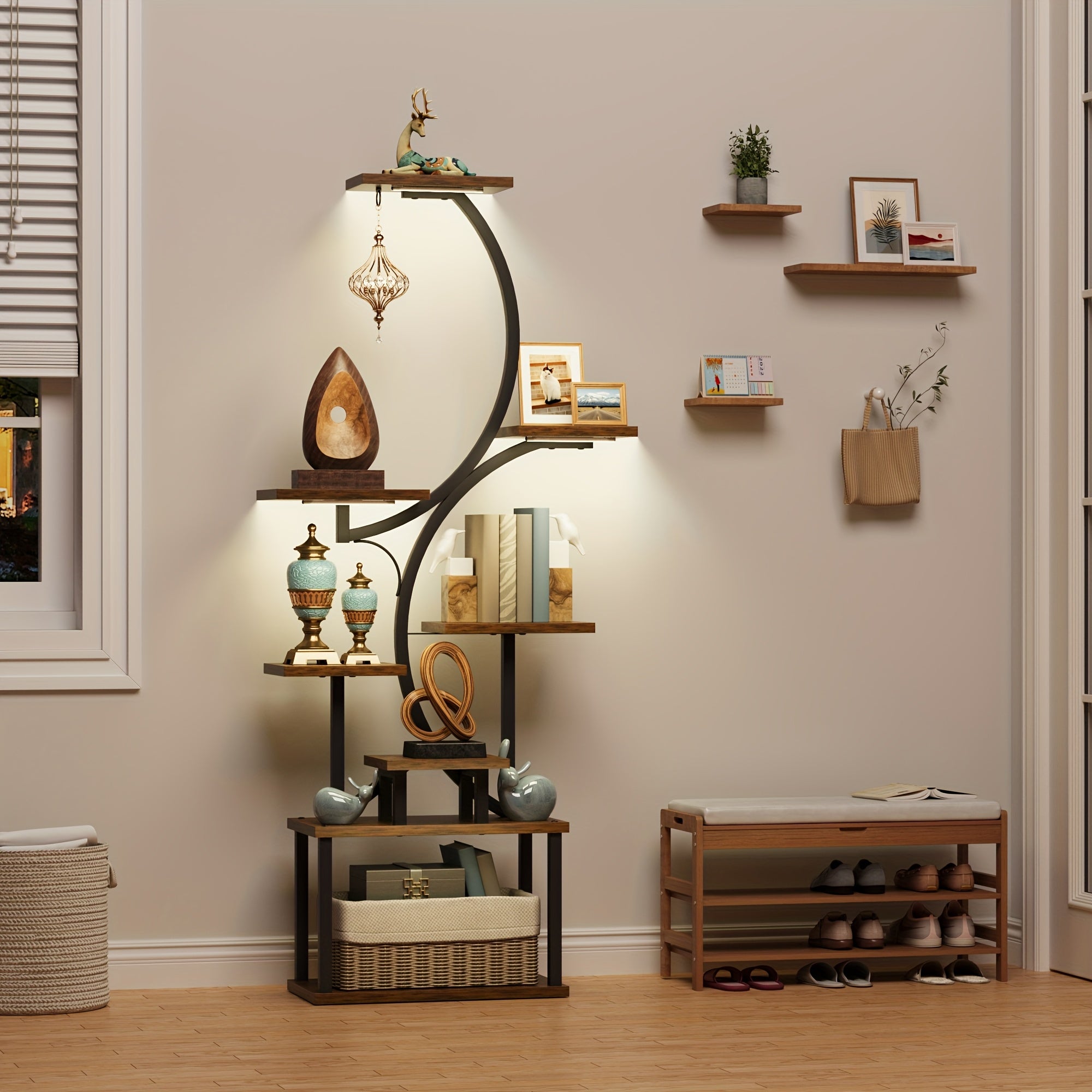 Bookshelf with Lights, 8 Tiered 62' Multi-functional Metal Black&brown Wood Bookcase for Books Handicraft Decorations Frames Multiple, Display Stand for Living Room Study Room Bedroom Staircase Corners Window Edges Good Choice for Gifts Home Decor
