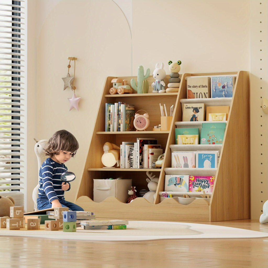 Multi Functional Children's Bookshelf And Toy Storage Cabinet -6-story Trapezoidal Frame, Easy to Assemble, Suitable for Bedrooms, Living Rooms, Game Rooms, Offices, Schools, Storage Racks, Children's Bookcases, Newspaper Racks, Minimalist Design,