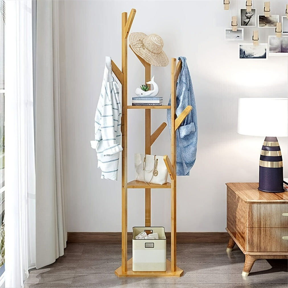 Bamboo Freestanding Coat Rack with 9 Hooks and 3 Storage Shelves, Easy Assembly Rotary Tree Stand for Entryway - Natural Wood Color