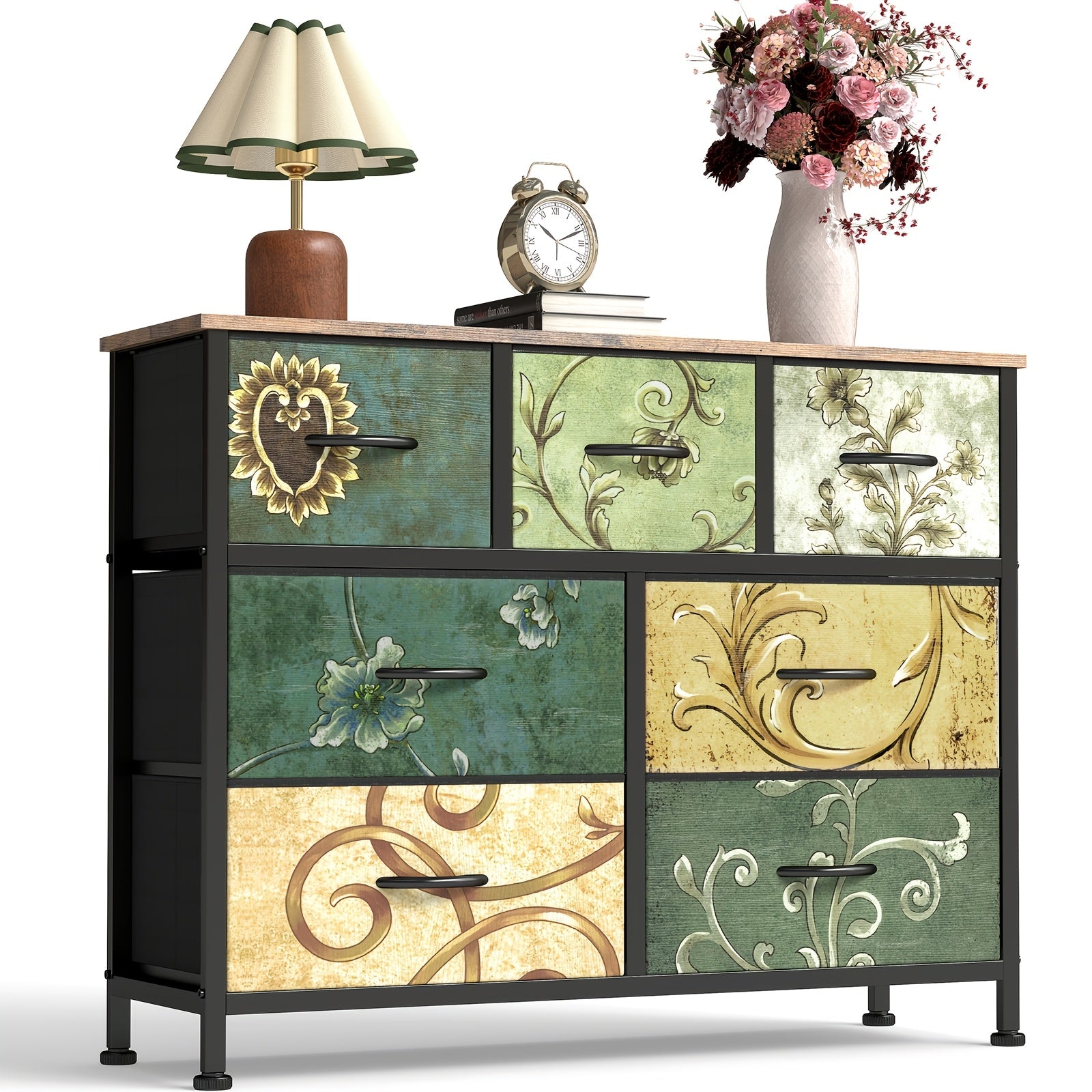 Medieval Modern Storage Cabinet with 5\u002F7\u002F8\u002F9-Drawer Options - Heavy-Duty Steel Frame & Non-Deformable Drawers, Vintage Floral Texture, Freestanding \u002FParticle Board Furniture Suitable for Home, Office, Bedroom, - Assembly Required