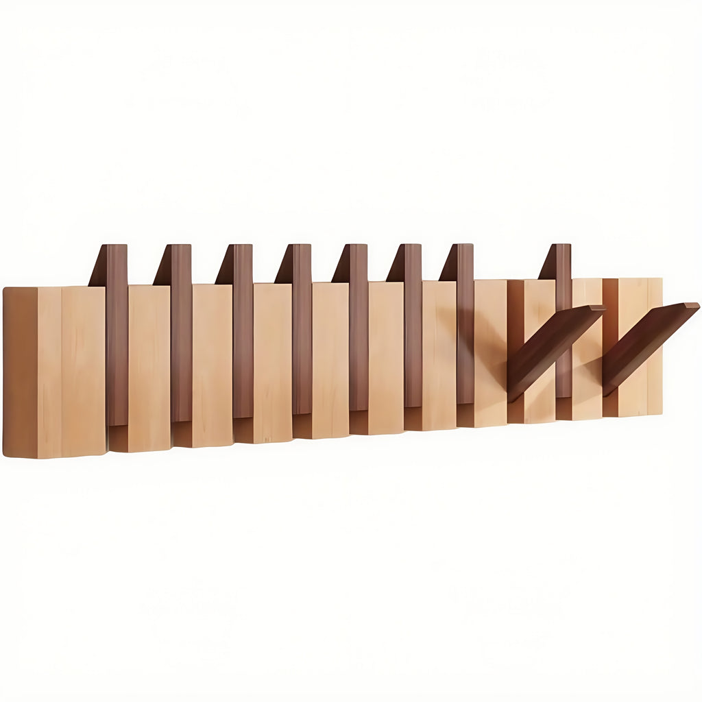 Wall-Mounted Coat Rack 1pc Natural Wood Wall-Mounted Coat Rack with 10 Hooks - Piano-Shaped Accordion Design, Walnut Finish, Space-Saving Vertical Storage for Entryway, Bedroom, Bathroom - Easy Assembly, No Batteries\u002FElectricity, Durable Multi-Purpos