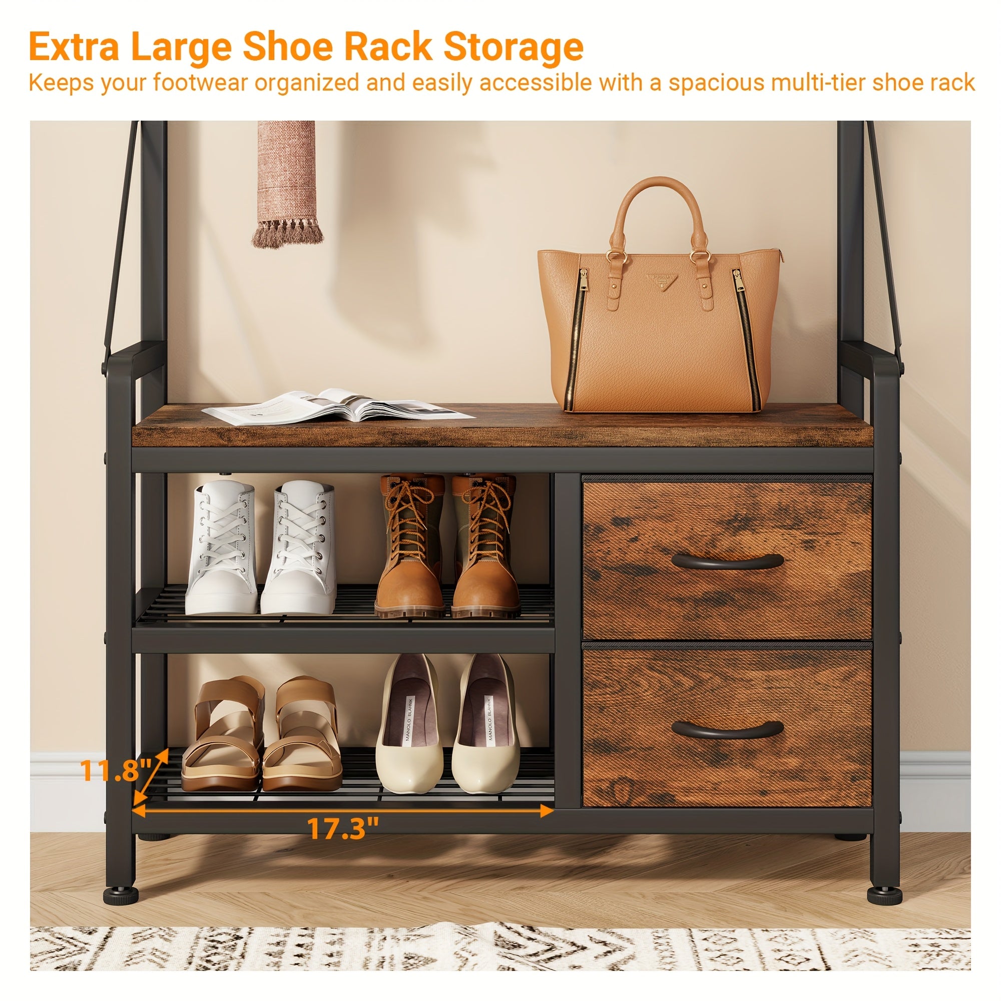 6-In-1 Coat Rack with Entry Bench, Hall Tree with 17 Hooks, 2 Fabric Drawers, Shoe Rack, Metal‑Frame Entryway Coat Rack, Space-Saving Storage Organizer for Bedroom, Mudroom And Closet