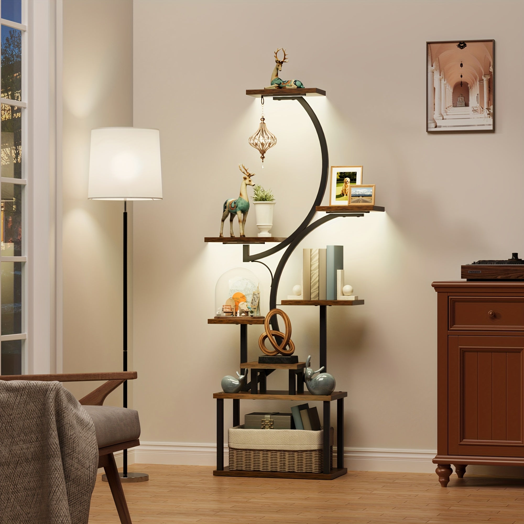 Bookshelf with Lights, 8 Tiered 62' Multi-functional Metal Black&brown Wood Bookcase for Books Handicraft Decorations Frames Multiple, Display Stand for Living Room Study Room Bedroom Staircase Corners Window Edges Good Choice for Gifts Home Decor