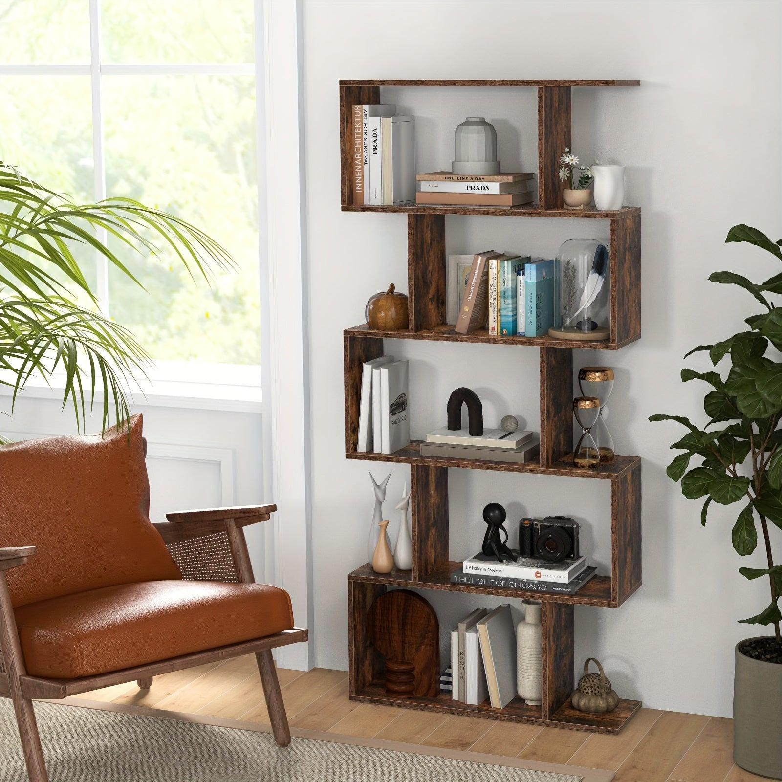 5-Tier Geometric S-Shaped Bookcase, Rustic Wooden Room Divider Storage Display Shelf, 62.5\