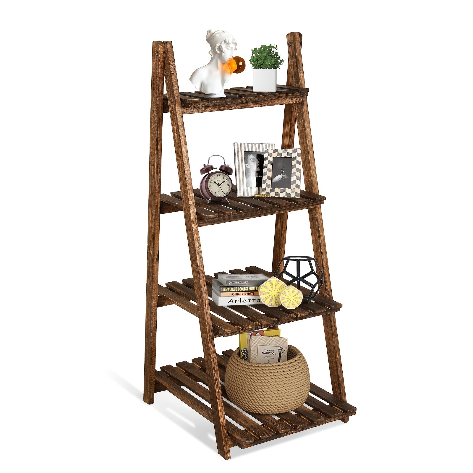 4-Tier Ladder Shelf | Wooden Plant and Bookshelf, Rustic Flower Display Rack, Brown Hardwood, Freestanding for Living Room, Office, Bedroom
