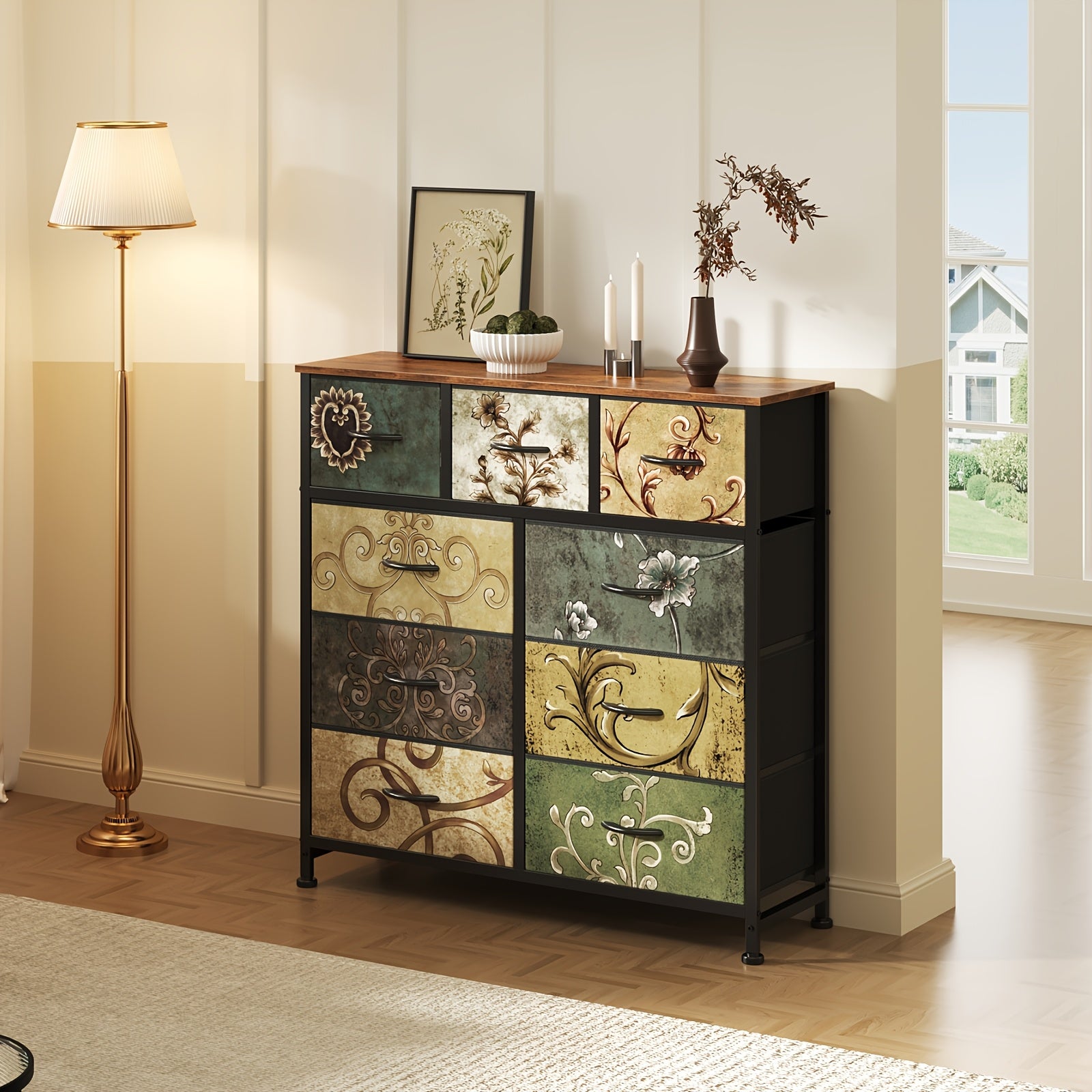 Medieval Modern Storage Cabinet with 5\u002F7\u002F8\u002F9-Drawer Options - Heavy-Duty Steel Frame & Non-Deformable Drawers, Vintage Floral Texture, Freestanding \u002FParticle Board Furniture Suitable for Home, Office, Bedroom, - Assembly Required