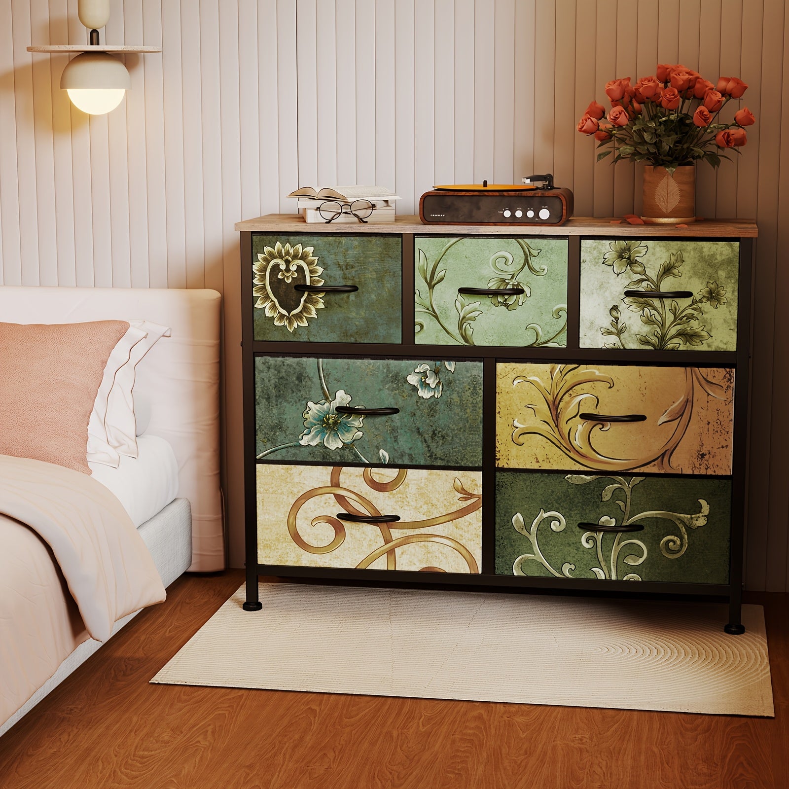 Medieval Modern Storage Cabinet with 5\u002F7\u002F8\u002F9-Drawer Options - Heavy-Duty Steel Frame & Non-Deformable Drawers, Vintage Floral Texture, Freestanding \u002FParticle Board Furniture Suitable for Home, Office, Bedroom, - Assembly Required
