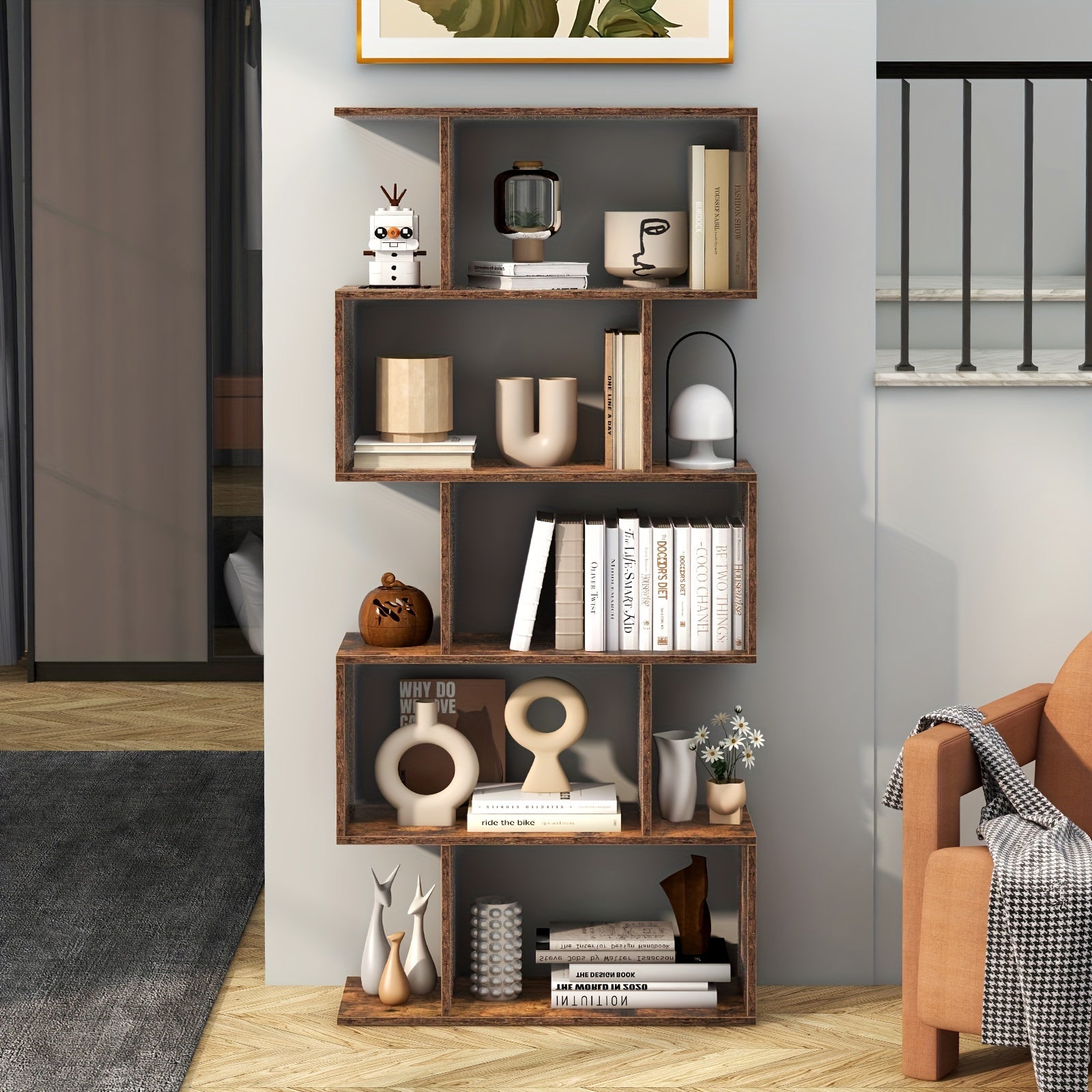 5-Tier Geometric S-Shaped Bookcase, Rustic Wooden Room Divider Storage Display Shelf, 62.5\