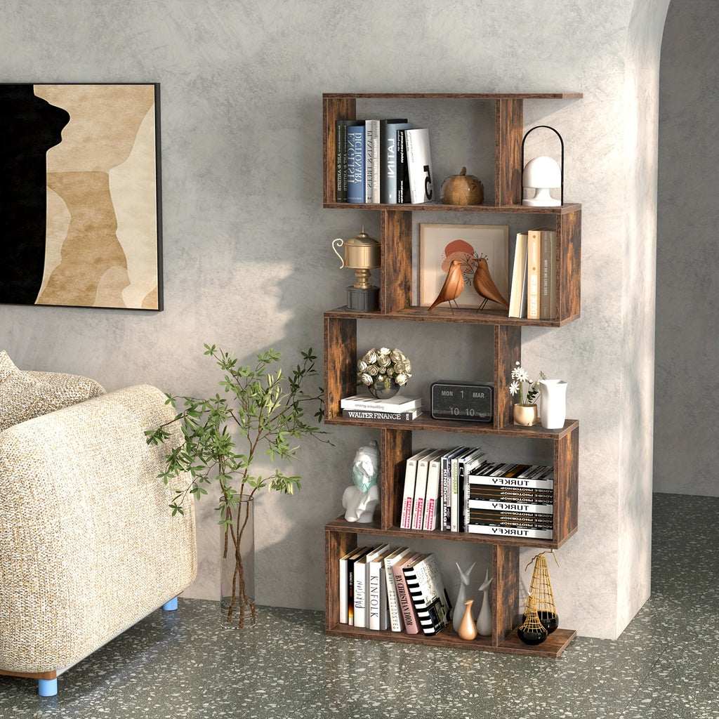 5-Tier Geometric S-Shaped Bookcase, Rustic Wooden Room Divider Storage Display Shelf, 62.5\