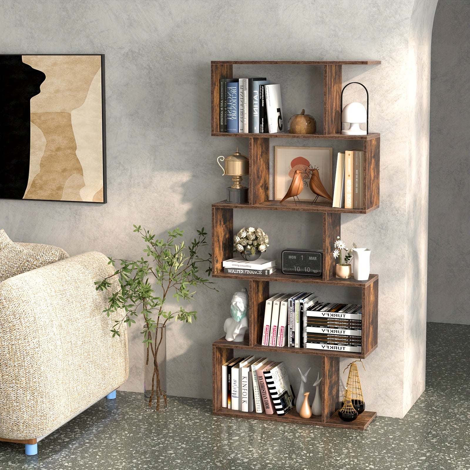 5-Tier Geometric S-Shaped Bookcase, Rustic Wooden Room Divider Storage Display Shelf, 62.5\