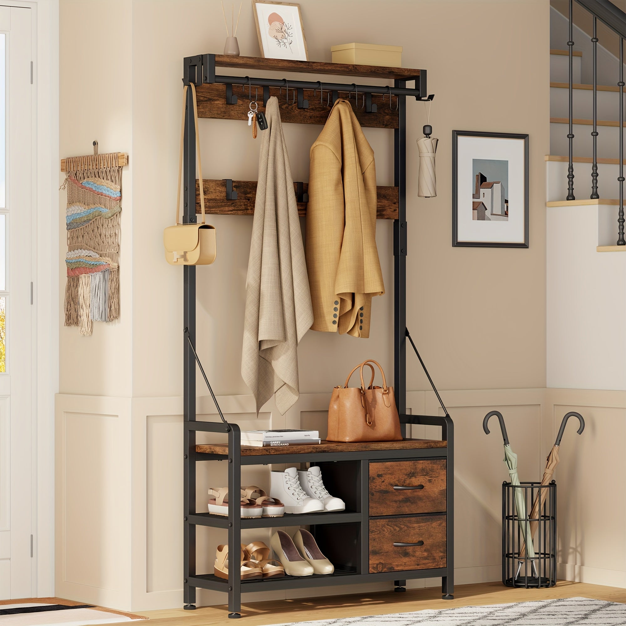 6-In-1 Coat Rack with Entry Bench, Hall Tree with 17 Hooks, 2 Fabric Drawers, Shoe Rack, Metal‑Frame Entryway Coat Rack, Space-Saving Storage Organizer for Bedroom, Mudroom And Closet