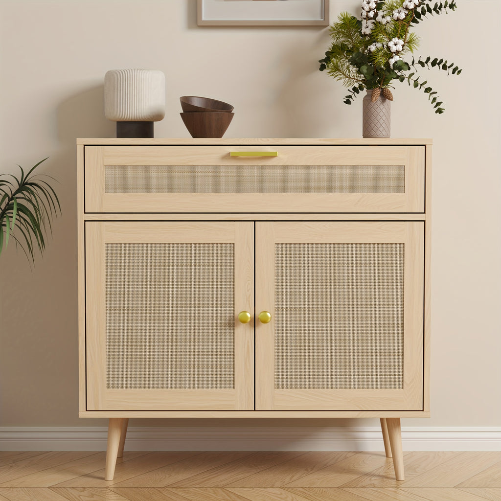MHOM Rattan Buffet Sideboard Cabinet with Storage, Boho Kitchen Cabinet with Drawer & 2 Doors, Modern Mid Century Accent Cabinet with Adjustable Shelf, Coffee Bar for Living Room, Dinning Room, Hallway, Black\u002FOak