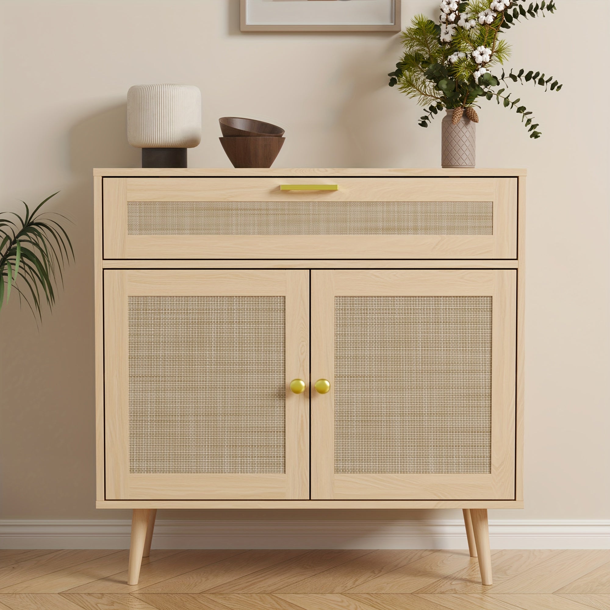 MHOM Rattan Buffet Sideboard Cabinet with Storage, Boho Kitchen Cabinet with Drawer & 2 Doors, Modern Mid Century Accent Cabinet with Adjustable Shelf, Coffee Bar for Living Room, Dinning Room, Hallway, Black\u002FOak
