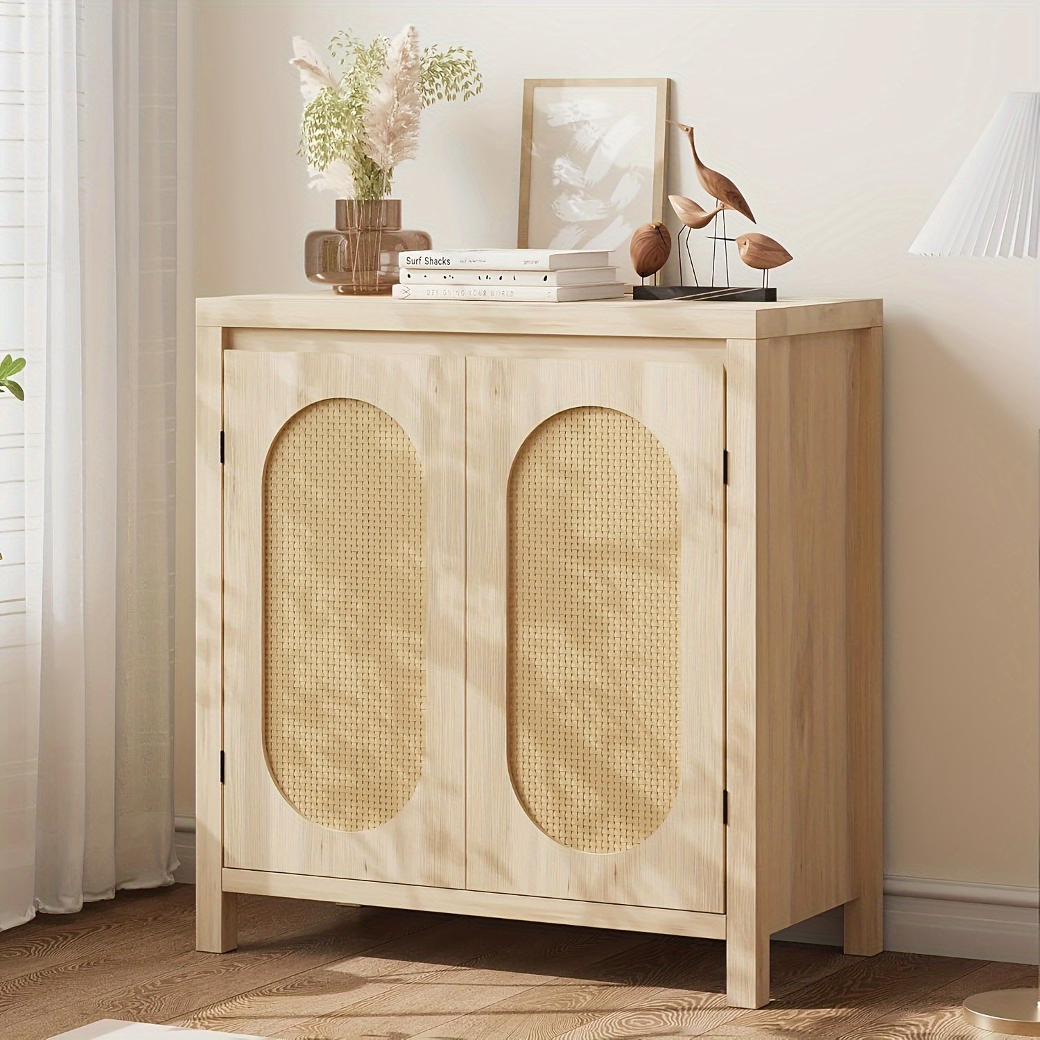 Rattan Storage Cabinet, Sideboard Buffet Cabinet With Doors And Shelves, Small Console Cabinet With Storage, Boho Accent Cabinet For Entryway, Living Room, Dining Room