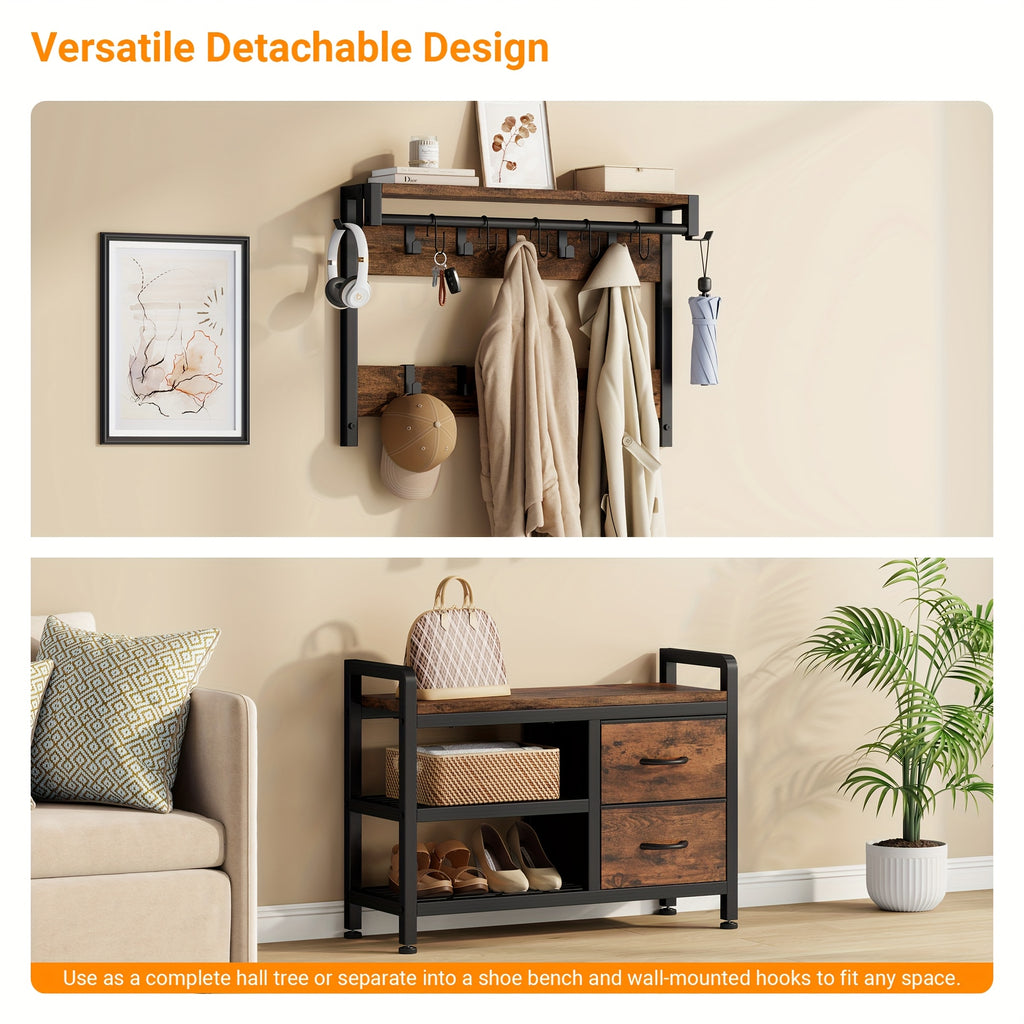 6-In-1 Coat Rack with Entry Bench, Hall Tree with 17 Hooks, 2 Fabric Drawers, Shoe Rack, Metal‑Frame Entryway Coat Rack, Space-Saving Storage Organizer for Bedroom, Mudroom And Closet