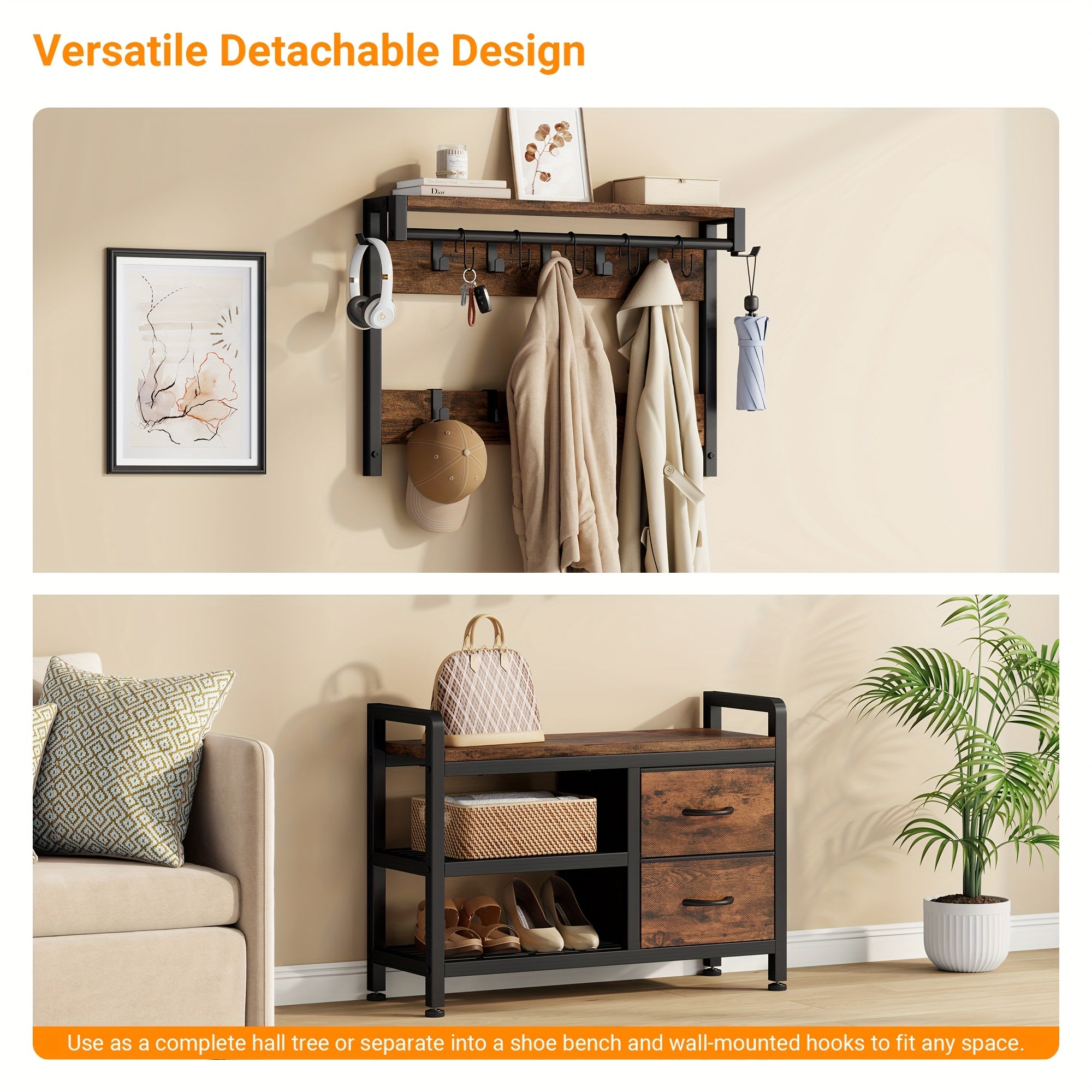 6-In-1 Coat Rack with Entry Bench, Hall Tree with 17 Hooks, 2 Fabric Drawers, Shoe Rack, Metal‑Frame Entryway Coat Rack, Space-Saving Storage Organizer for Bedroom, Mudroom And Closet
