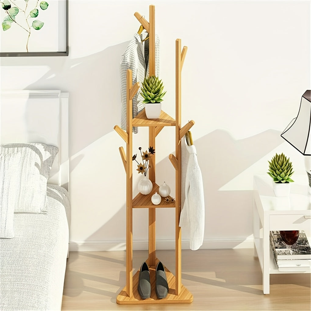 Bamboo Freestanding Coat Rack with 9 Hooks and 3 Storage Shelves, Easy Assembly Rotary Tree Stand for Entryway - Natural Wood Color