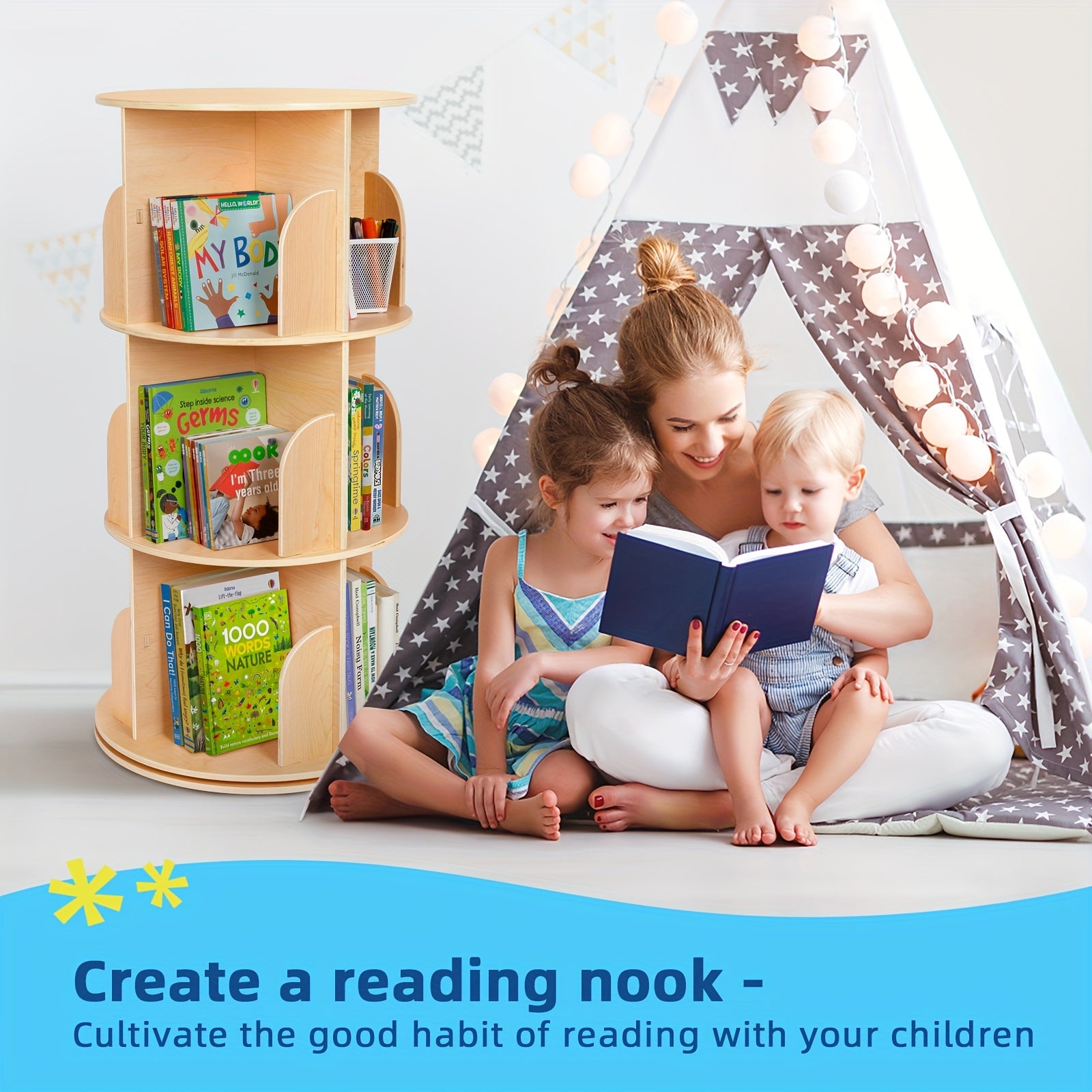 Kids Rotating Bookshelf Tower,  Corner Bookshelf for  Space, 360 Display Floor Standing Bookshelf Storage Rack, Large Chassis Spinning Bookshelf for Kids Room, Nursery