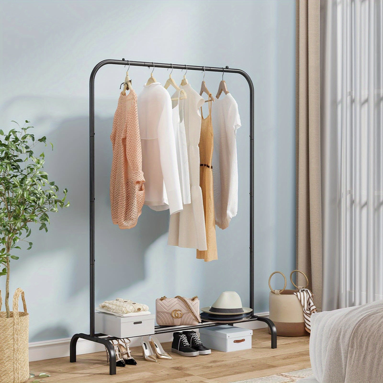 Heavy-Duty Portable Clothes Rack with Bottom Metal Shelf – Large Capacity for Coats, Shirts & More, Sturdy & Durable Design, Easy to Assemble – Perfect Clothes Organizer for Home & Storage