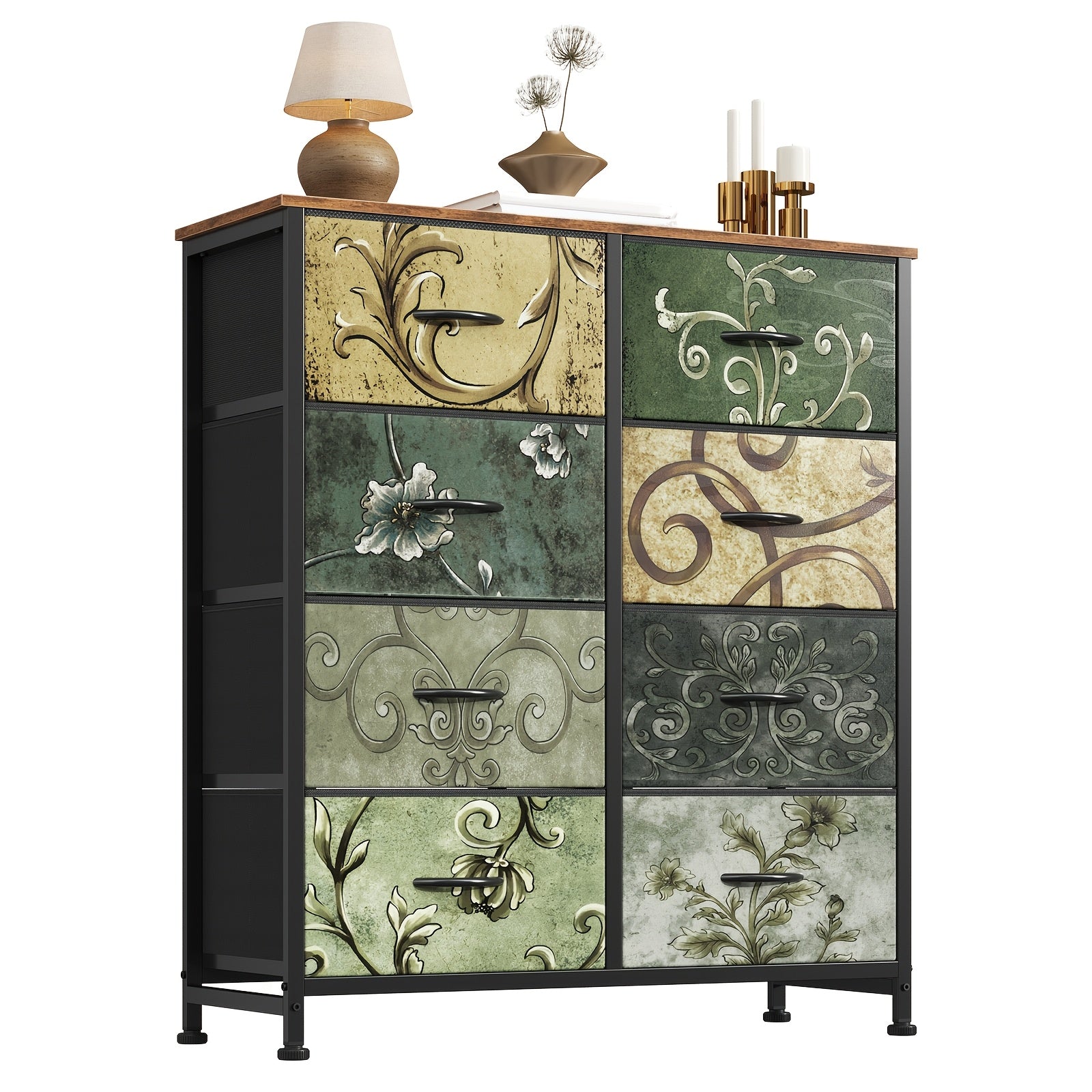 Medieval Modern Storage Cabinet with 5\u002F7\u002F8\u002F9-Drawer Options - Heavy-Duty Steel Frame & Non-Deformable Drawers, Vintage Floral Texture, Freestanding \u002FParticle Board Furniture Suitable for Home, Office, Bedroom, - Assembly Required