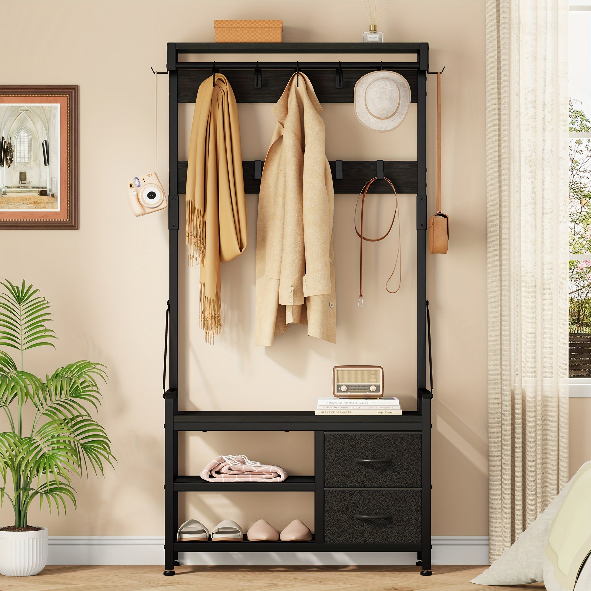 6-In-1 Coat Rack with Entry Bench, Hall Tree with 17 Hooks, 2 Fabric Drawers, Shoe Rack, Metal‑Frame Entryway Coat Rack, Space-Saving Storage Organizer for Bedroom, Mudroom And Closet