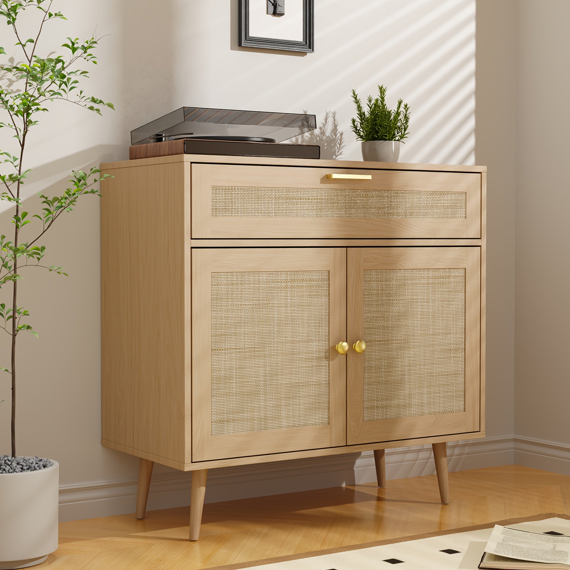MHOM Rattan Buffet Sideboard Cabinet with Storage, Boho Kitchen Cabinet with Drawer & 2 Doors, Modern Mid Century Accent Cabinet with Adjustable Shelf, Coffee Bar for Living Room, Dinning Room, Hallway, Black\u002FOak