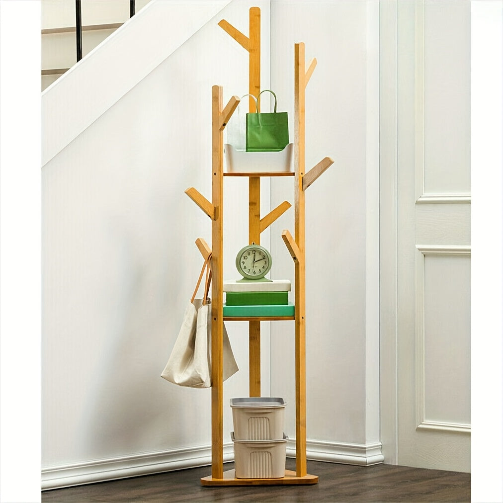 Bamboo Freestanding Coat Rack with 9 Hooks and 3 Storage Shelves, Easy Assembly Rotary Tree Stand for Entryway - Natural Wood Color