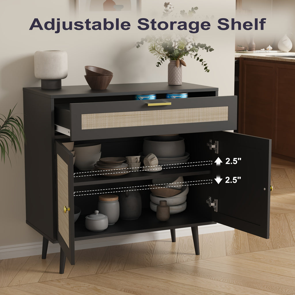 MHOM Rattan Buffet Sideboard Cabinet with Storage, Boho Kitchen Cabinet with Drawer & 2 Doors, Modern Mid Century Accent Cabinet with Adjustable Shelf, Coffee Bar for Living Room, Dinning Room, Hallway, Black\u002FOak
