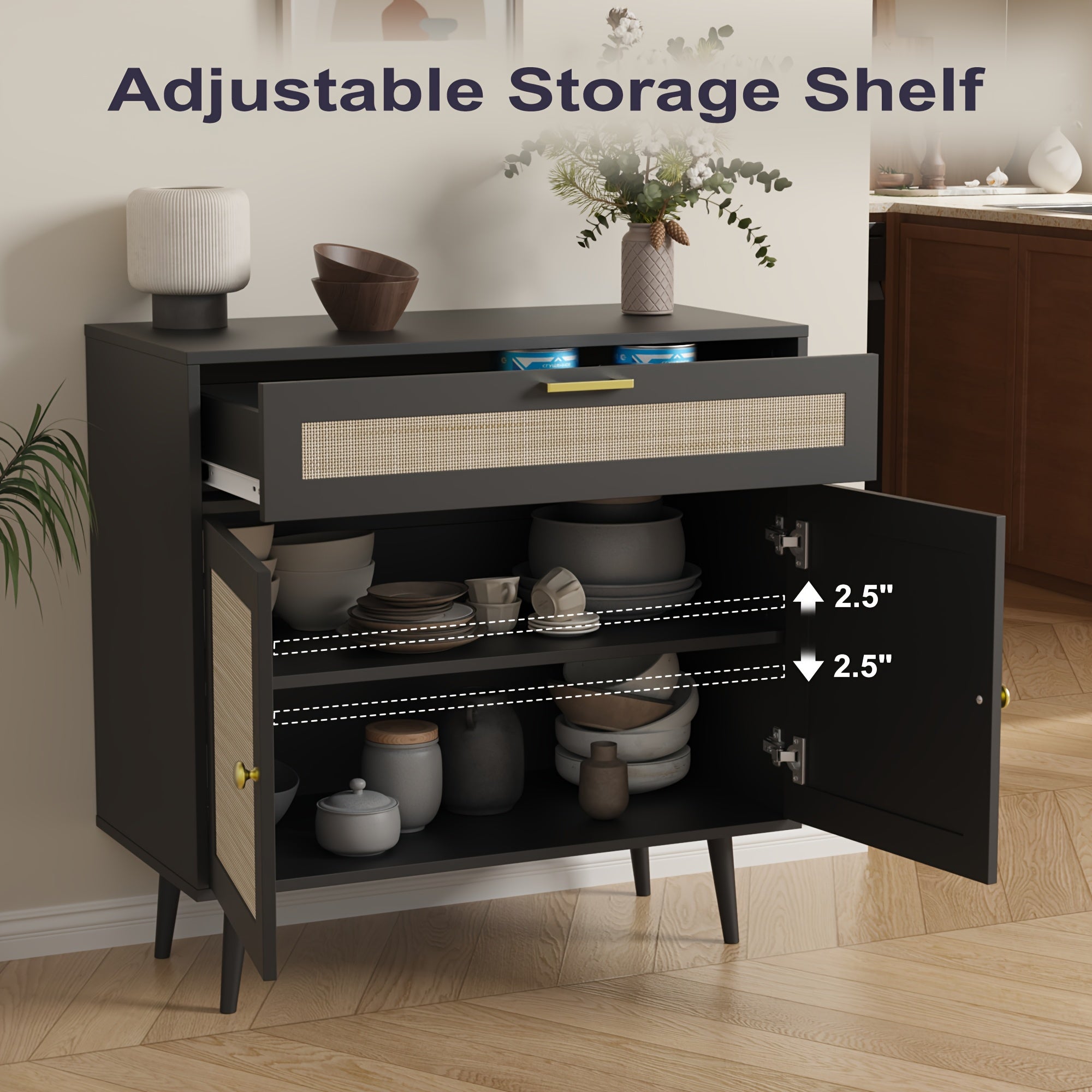 MHOM Rattan Buffet Sideboard Cabinet with Storage, Boho Kitchen Cabinet with Drawer & 2 Doors, Modern Mid Century Accent Cabinet with Adjustable Shelf, Coffee Bar for Living Room, Dinning Room, Hallway, Black\u002FOak