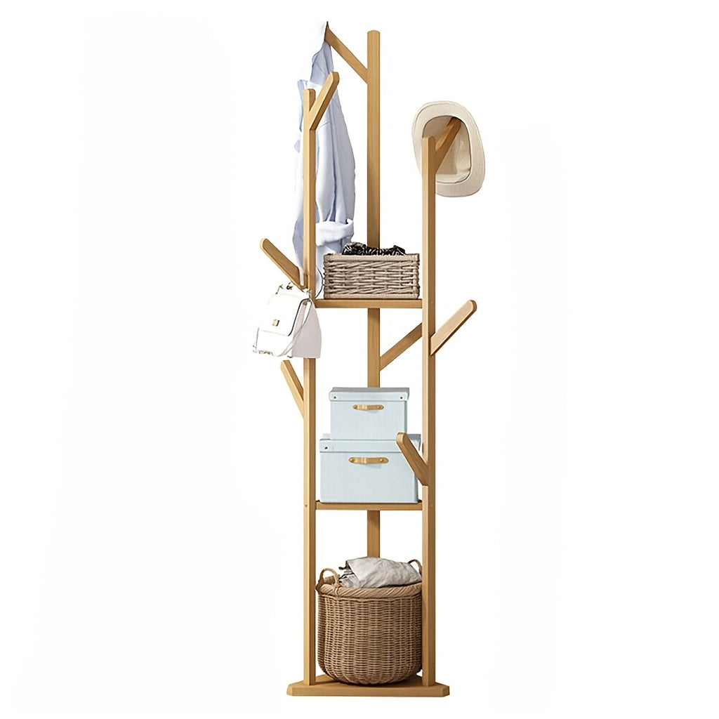 Bamboo Freestanding Coat Rack with 9 Hooks and 3 Storage Shelves, Easy Assembly Rotary Tree Stand for Entryway - Natural Wood Color