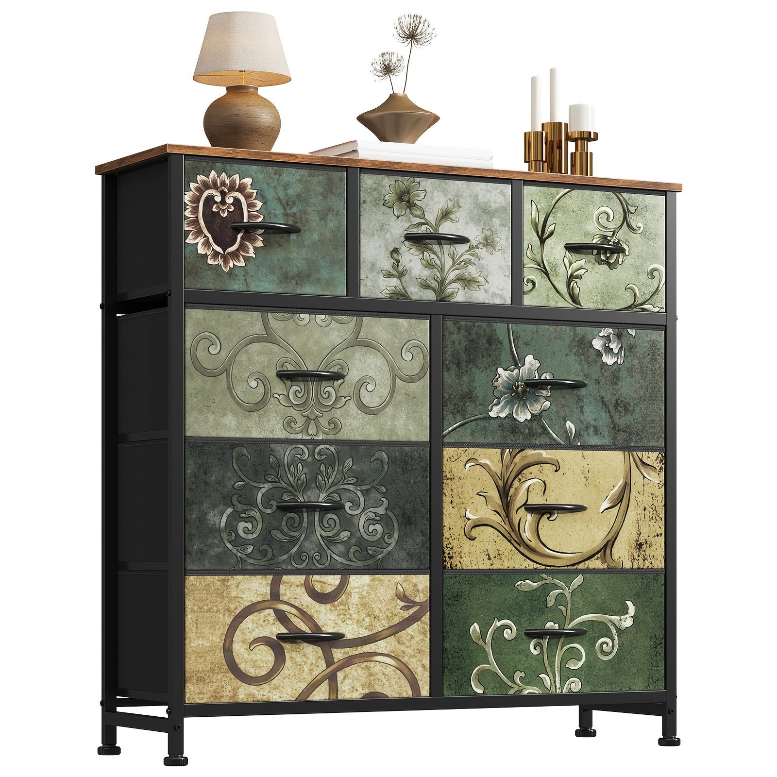 Medieval Modern Storage Cabinet with 5\u002F7\u002F8\u002F9-Drawer Options - Heavy-Duty Steel Frame & Non-Deformable Drawers, Vintage Floral Texture, Freestanding \u002FParticle Board Furniture Suitable for Home, Office, Bedroom, - Assembly Required