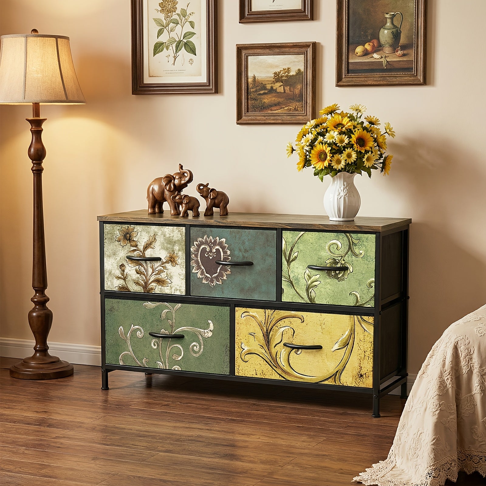 Medieval Modern Storage Cabinet with 5\u002F7\u002F8\u002F9-Drawer Options - Heavy-Duty Steel Frame & Non-Deformable Drawers, Vintage Floral Texture, Freestanding \u002FParticle Board Furniture Suitable for Home, Office, Bedroom, - Assembly Required