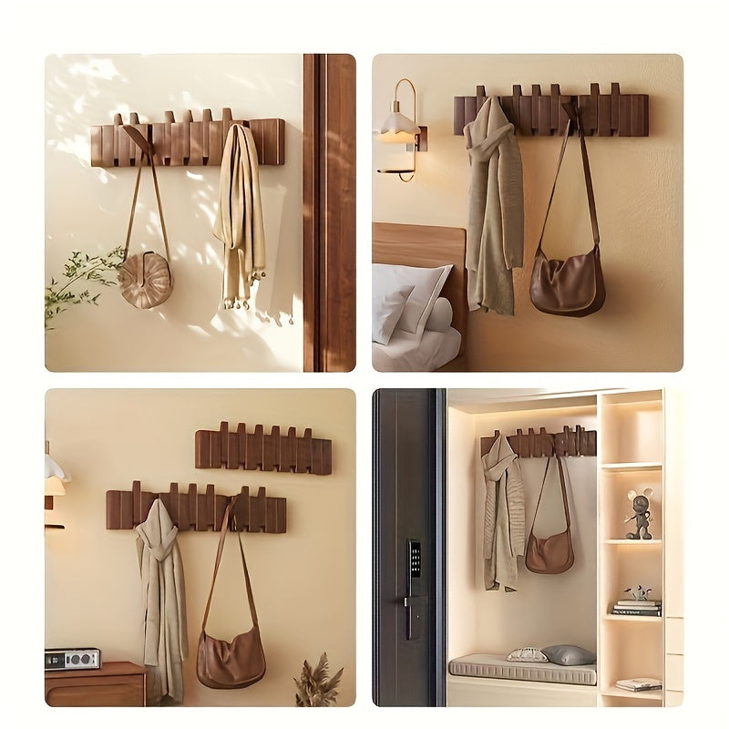 1pc 10\u002F12 hook Creative Piano Key Wall Rack, Wall Mounted Coat Hook, Folding Hanging Storage Rack, Solid Wood Clothes Hanger, Hat Rack, For Bedroom, Entryway, Foyer, Mudroom, Wall Decor Aesthetic Room Decor