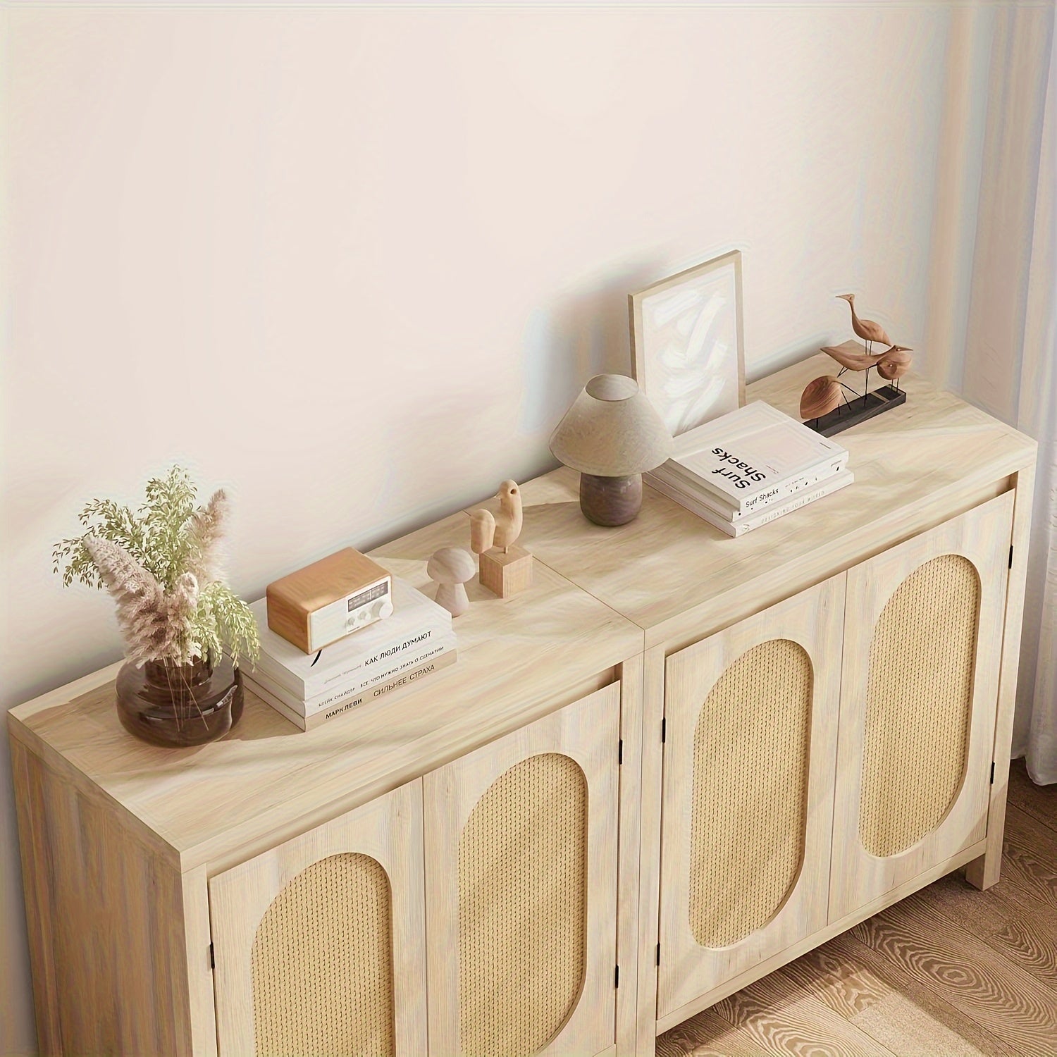 Rattan Storage Cabinet, Sideboard Buffet Cabinet With Doors And Shelves, Small Console Cabinet With Storage, Boho Accent Cabinet For Entryway, Living Room, Dining Room
