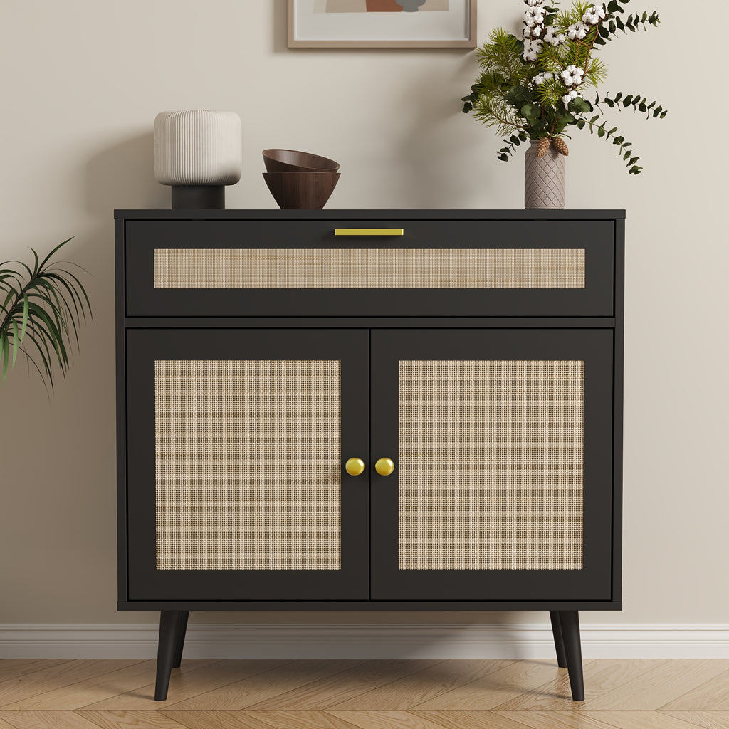 MHOM Rattan Buffet Sideboard Cabinet with Storage, Boho Kitchen Cabinet with Drawer & 2 Doors, Modern Mid Century Accent Cabinet with Adjustable Shelf, Coffee Bar for Living Room, Dinning Room, Hallway, Black\u002FOak