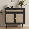 MHOM Rattan Buffet Sideboard Cabinet with Storage, Boho Kitchen Cabinet with Drawer & 2 Doors, Modern Mid Century Accent Cabinet with Adjustable Shelf, Coffee Bar for Living Room, Dinning Room, Hallway, Black\u002FOak