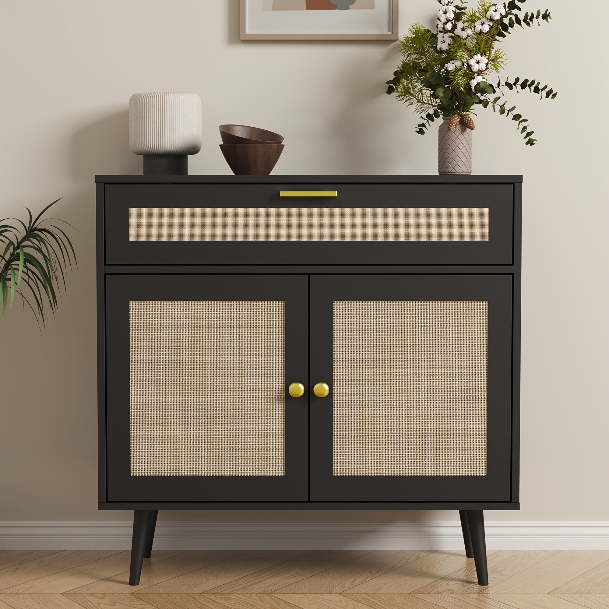 MHOM Rattan Buffet Sideboard Cabinet with Storage, Boho Kitchen Cabinet with Drawer & 2 Doors, Modern Mid Century Accent Cabinet with Adjustable Shelf, Coffee Bar for Living Room, Dinning Room, Hallway, Black\u002FOak