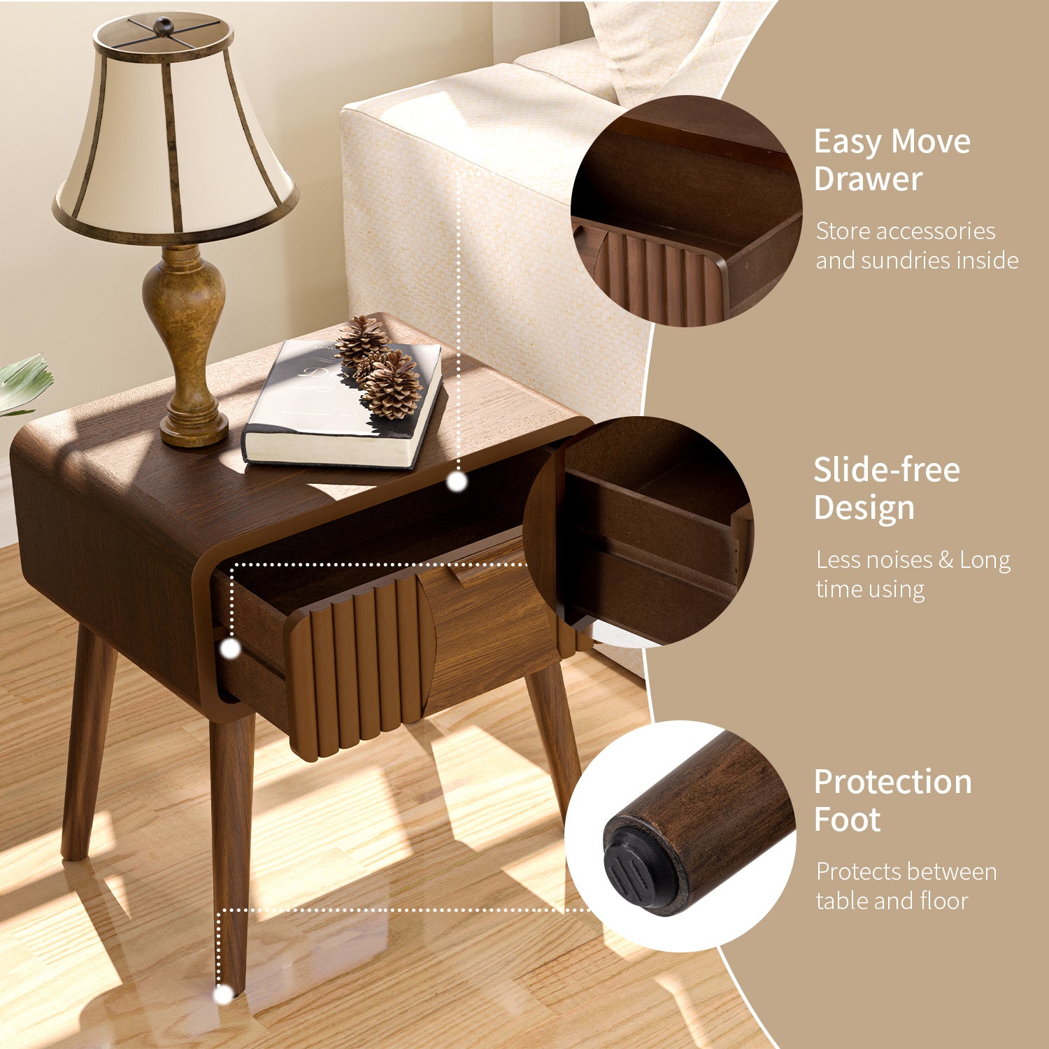 Cosiest Mid-Century Storage cabinet, for storage, Wood Accent End Table with One Storage Drawer for Living Room, Brown