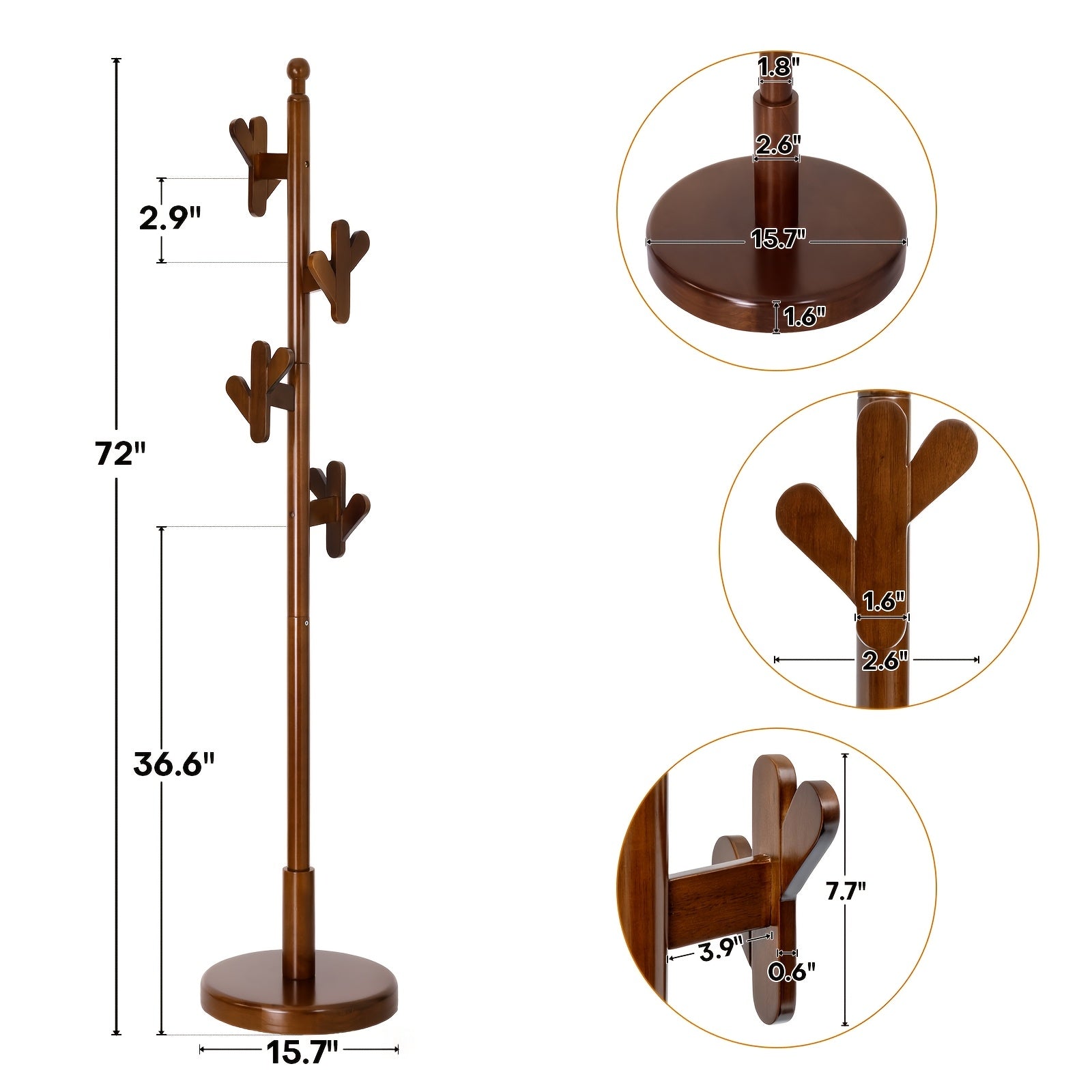 Heavy-Duty Solid Rubberwood Coat Rack Freestanding with Antler Hooks - Tall Hall Tree Suitable for Entryway, Bedroom, Apartment - Walnut Wood Hanger for Coats, Hats, Bags - Assembly, Sturdy Base