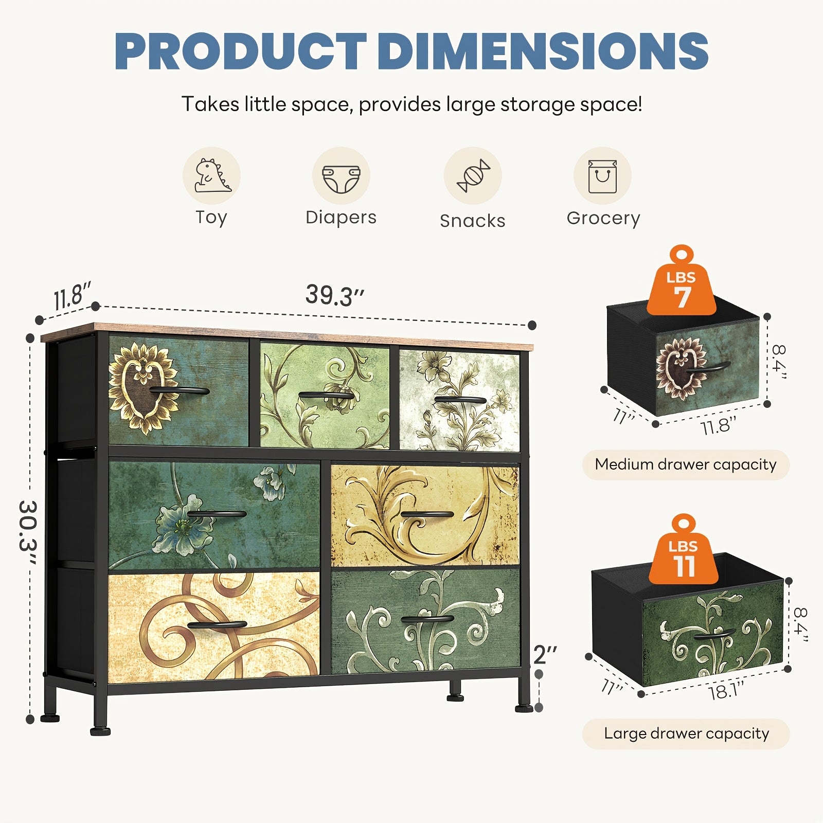 Medieval Modern Storage Cabinet with 5\u002F7\u002F8\u002F9-Drawer Options - Heavy-Duty Steel Frame & Non-Deformable Drawers, Vintage Floral Texture, Freestanding \u002FParticle Board Furniture Suitable for Home, Office, Bedroom, - Assembly Required
