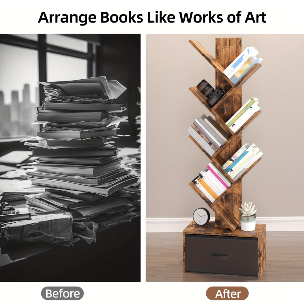 TOMNK 6-Tier Bookshelf Featuring a Drawer, Tree-Shaped Book Storage, Ideal for Organizing Cds, Movies, And Books, Rustic Brown Finish, Offers Excellent Stability And Longevity, Suitable for Living Rooms, Bedrooms, Home Decoration, Assembly