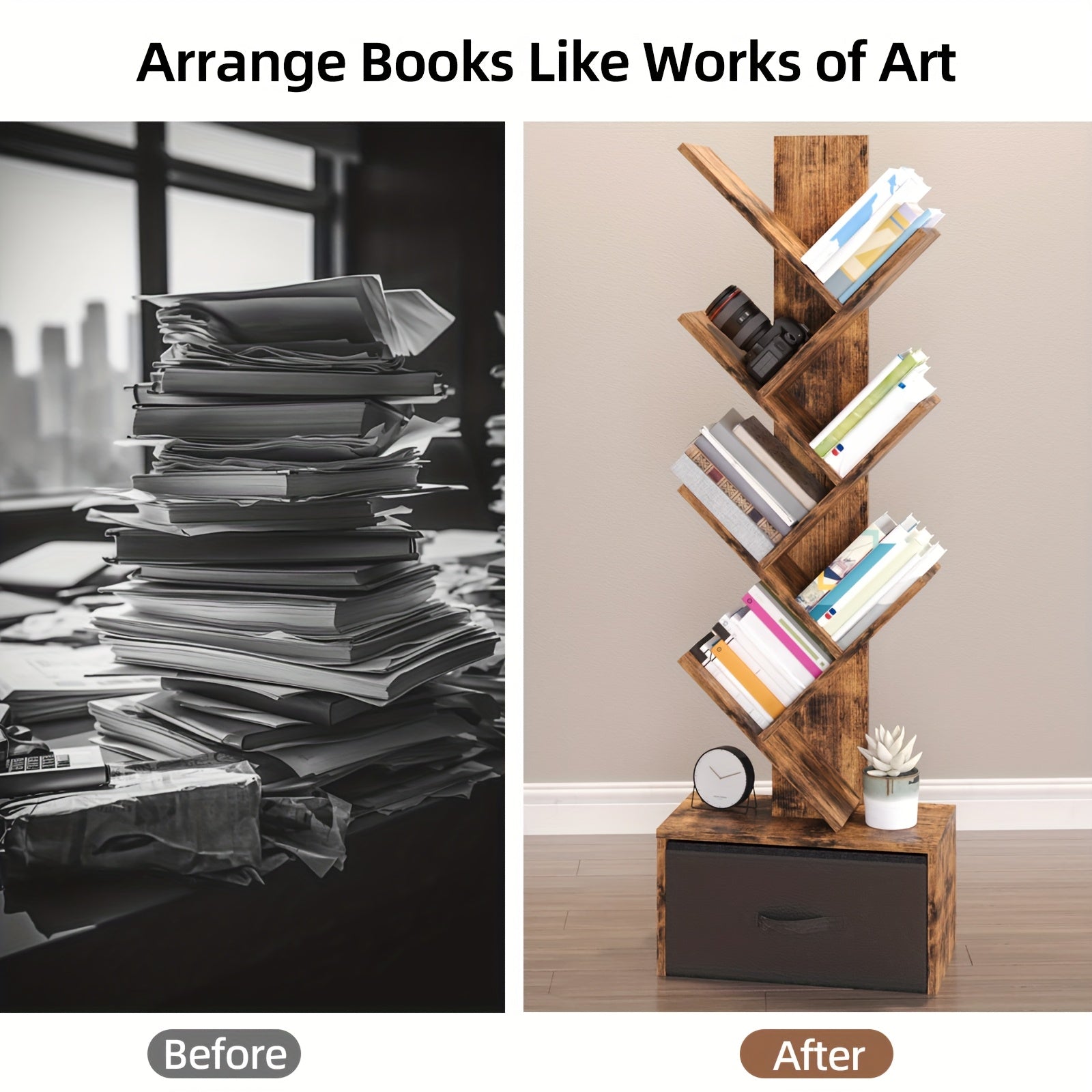 TOMNK 6-Tier Bookshelf Featuring a Drawer, Tree-Shaped Book Storage, Ideal for Organizing Cds, Movies, And Books, Rustic Brown Finish, Offers Excellent Stability And Longevity, Suitable for Living Rooms, Bedrooms, Home Decoration, Assembly