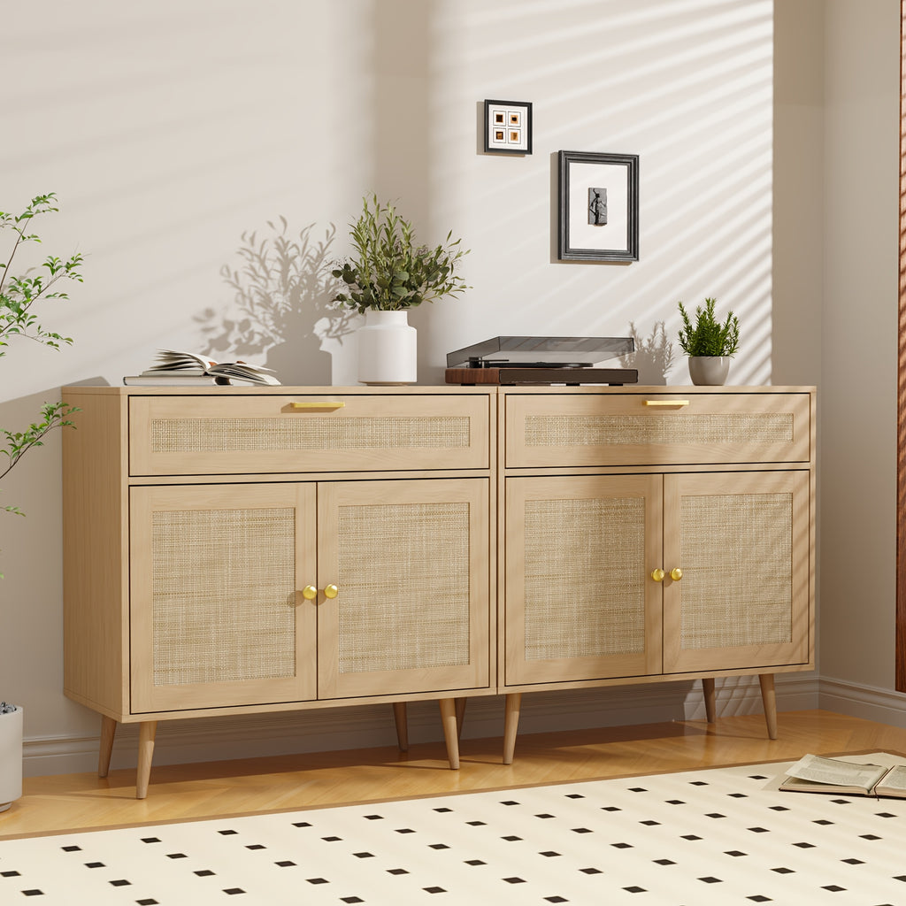 MHOM Rattan Buffet Sideboard Cabinet with Storage, Boho Kitchen Cabinet with Drawer & 2 Doors, Modern Mid Century Accent Cabinet with Adjustable Shelf, Coffee Bar for Living Room, Dinning Room, Hallway, Black\u002FOak