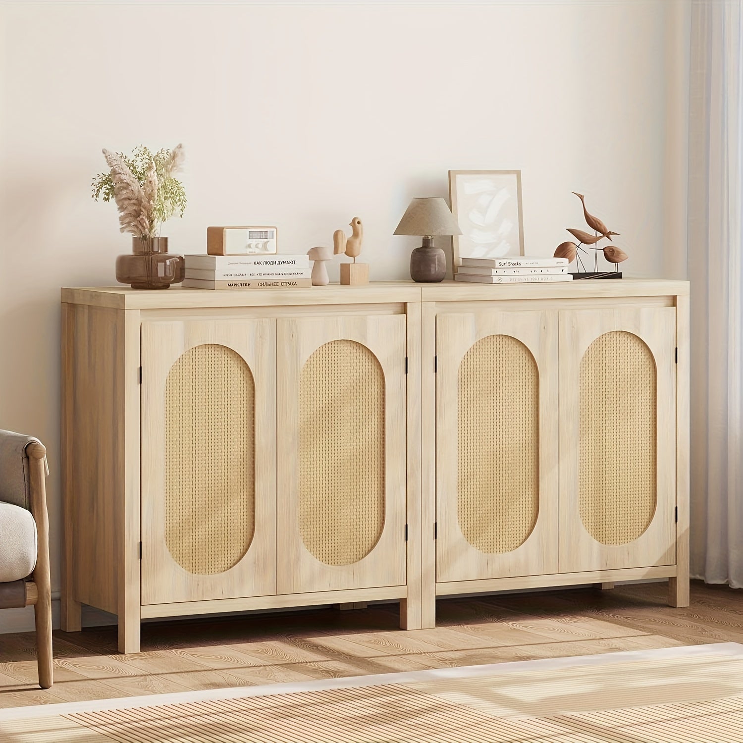 Rattan Storage Cabinet, Sideboard Buffet Cabinet With Doors And Shelves, Small Console Cabinet With Storage, Boho Accent Cabinet For Entryway, Living Room, Dining Room