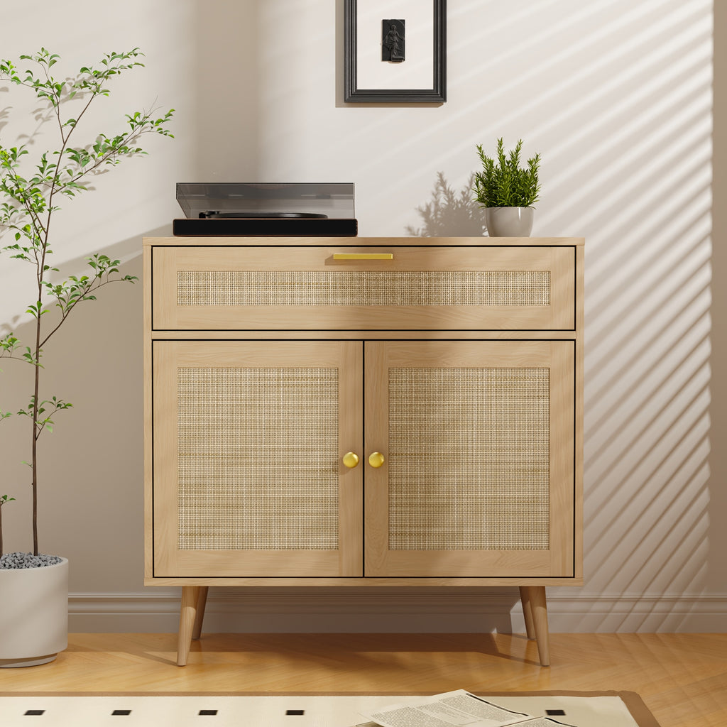MHOM Rattan Buffet Sideboard Cabinet with Storage, Boho Kitchen Cabinet with Drawer & 2 Doors, Modern Mid Century Accent Cabinet with Adjustable Shelf, Coffee Bar for Living Room, Dinning Room, Hallway, Black\u002FOak