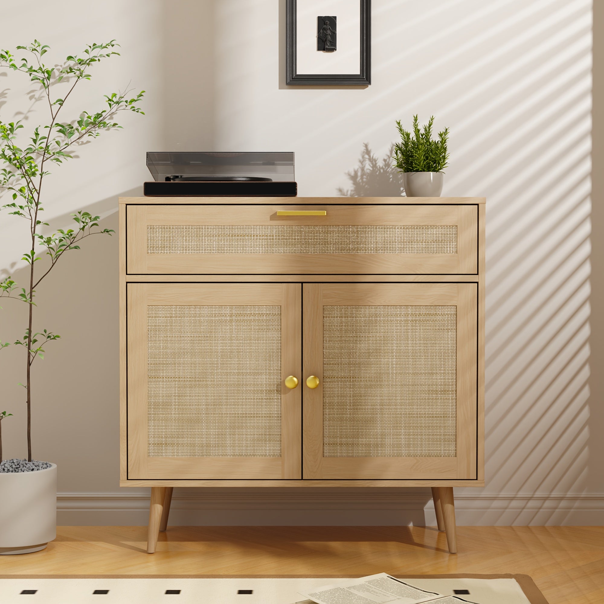 MHOM Rattan Buffet Sideboard Cabinet with Storage, Boho Kitchen Cabinet with Drawer & 2 Doors, Modern Mid Century Accent Cabinet with Adjustable Shelf, Coffee Bar for Living Room, Dinning Room, Hallway, Black\u002FOak