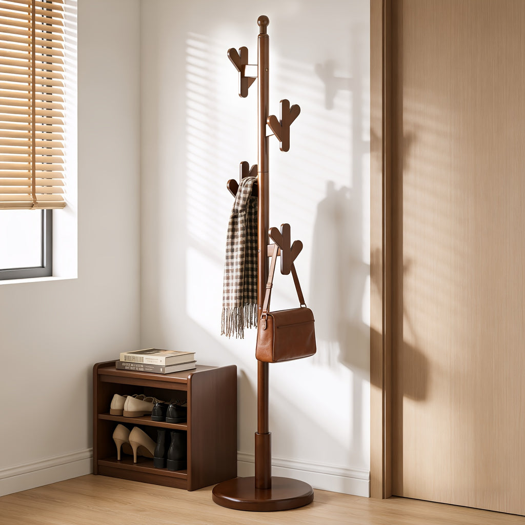 Heavy-Duty Solid Rubberwood Coat Rack Freestanding with Antler Hooks - Tall Hall Tree Suitable for Entryway, Bedroom, Apartment - Walnut Wood Hanger for Coats, Hats, Bags - Assembly, Sturdy Base