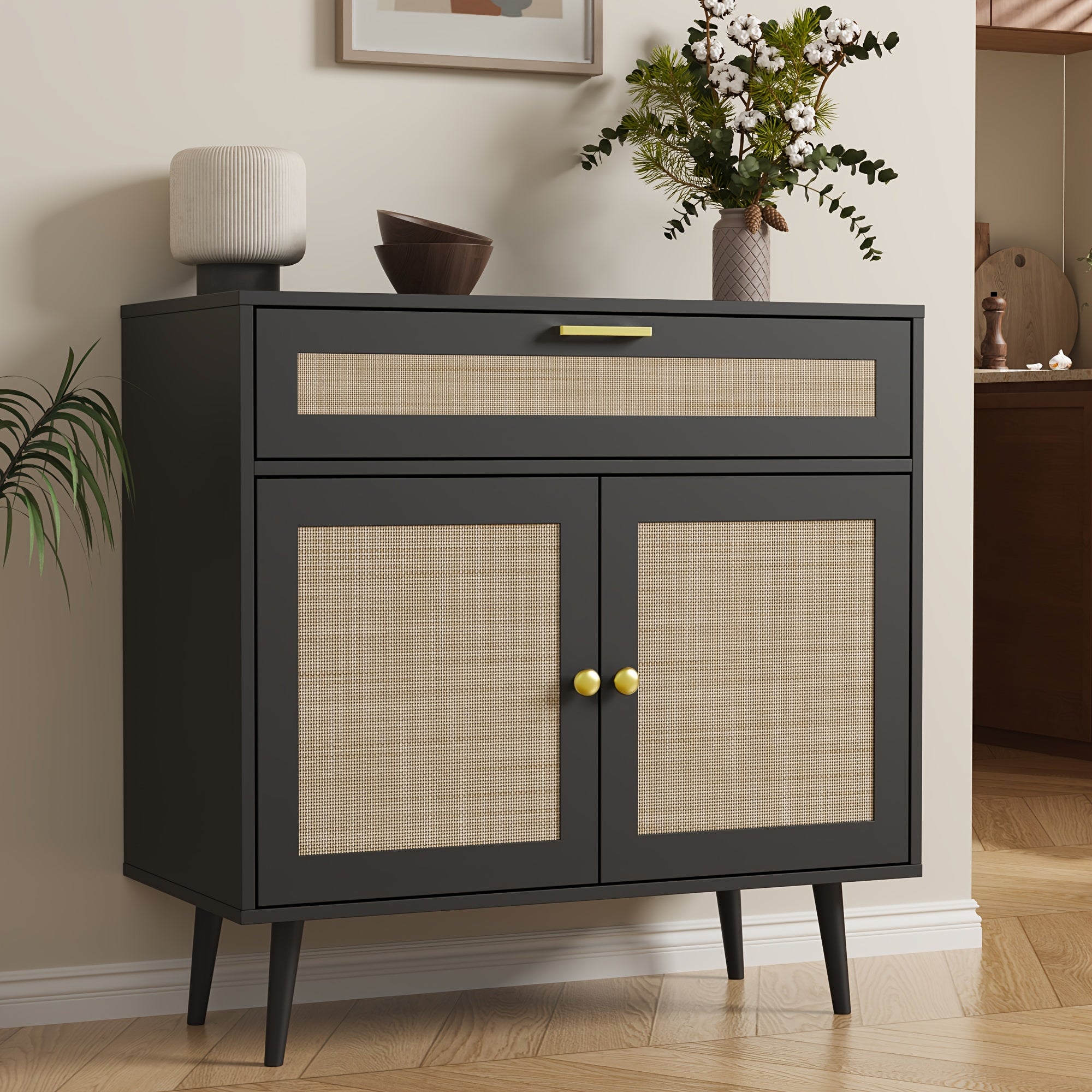 MHOM Rattan Buffet Sideboard Cabinet with Storage, Boho Kitchen Cabinet with Drawer & 2 Doors, Modern Mid Century Accent Cabinet with Adjustable Shelf, Coffee Bar for Living Room, Dinning Room, Hallway, Black\u002FOak